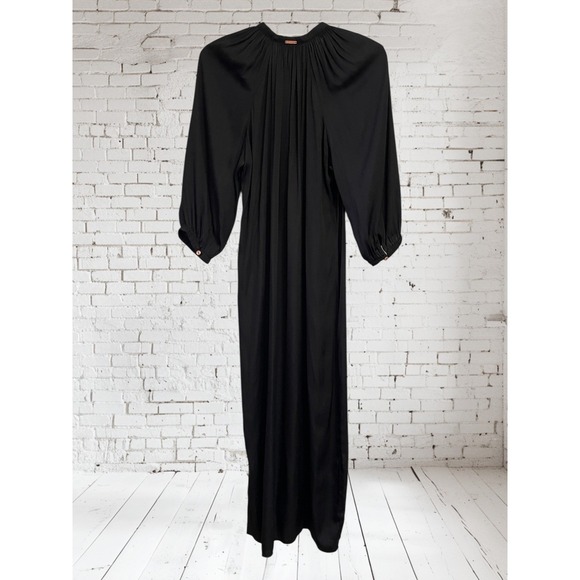 Cali Dreaming Black Maxi Dress Button Front Gathered Neckline‎ Long Sleeve Small - Picture 10 of 10